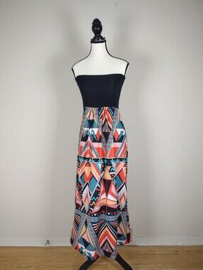 Strapless Black & Geometric Print Maxi Dress | Boho Tribal Summer Dress
